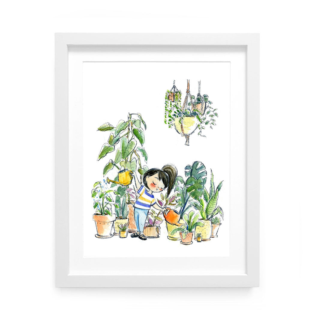 Illustration of a cheerful person watering a variety of potted plants, surrounded by lush greenery and hanging planters.