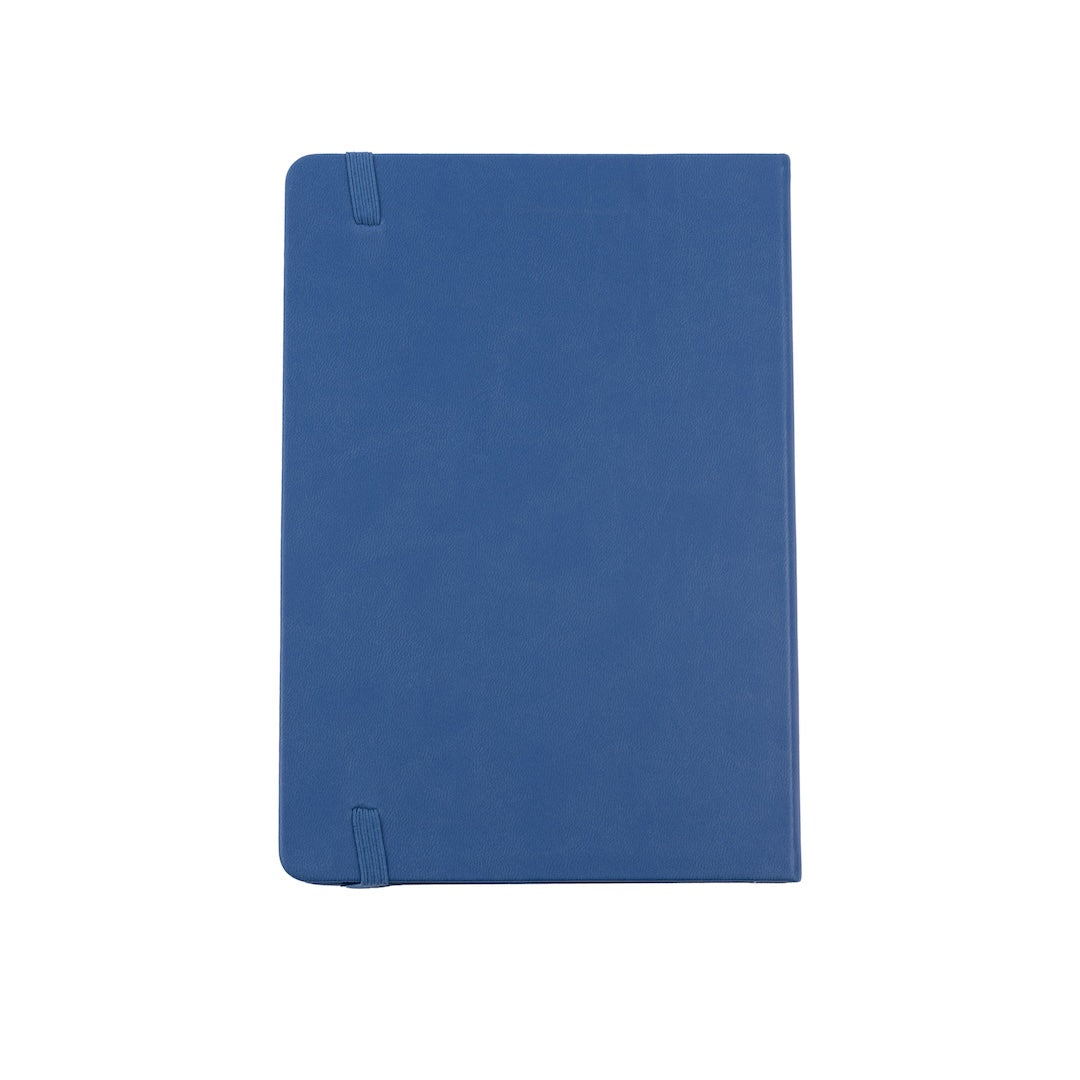 The back cover of the bobo Black Dot Grid Journal "Paper Airplane" with a smooth blue vegan leather cover. The end points where the blue elastic closure enters into the cover are visible.