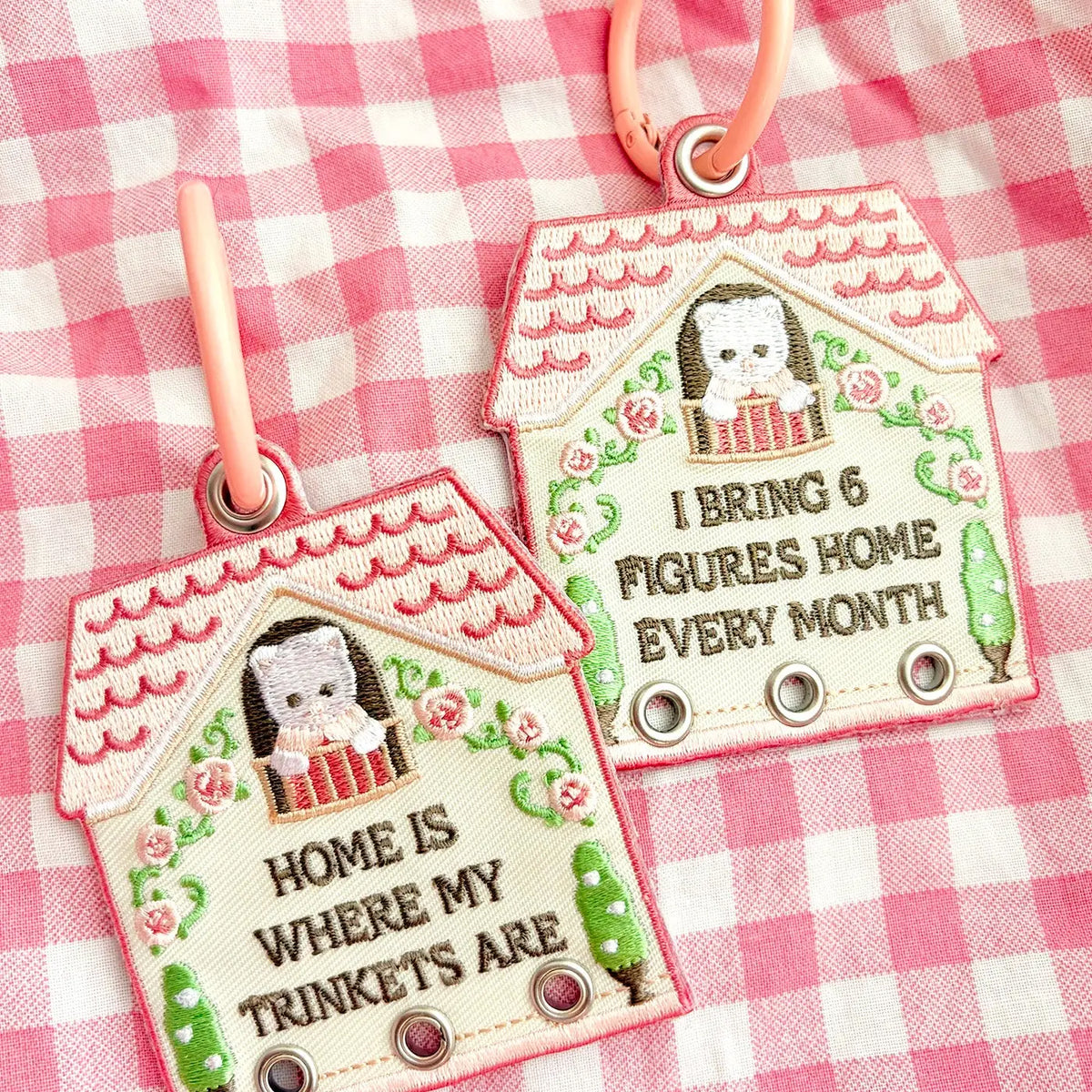 6 Figures House Embroidered Trinket Bag Charm Holder Keychain
