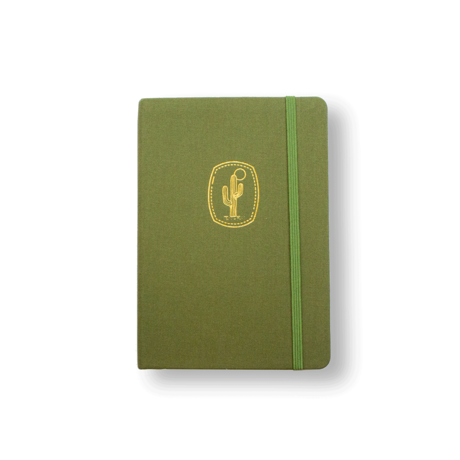 The A5 bobo dot grid Bujo journal in "Cactus" with an cactus green cover. A gold foil Saguaro Cactus and sun illustration is stamped onto the front cover. A corresponding green elastic closure is holding the book closed.