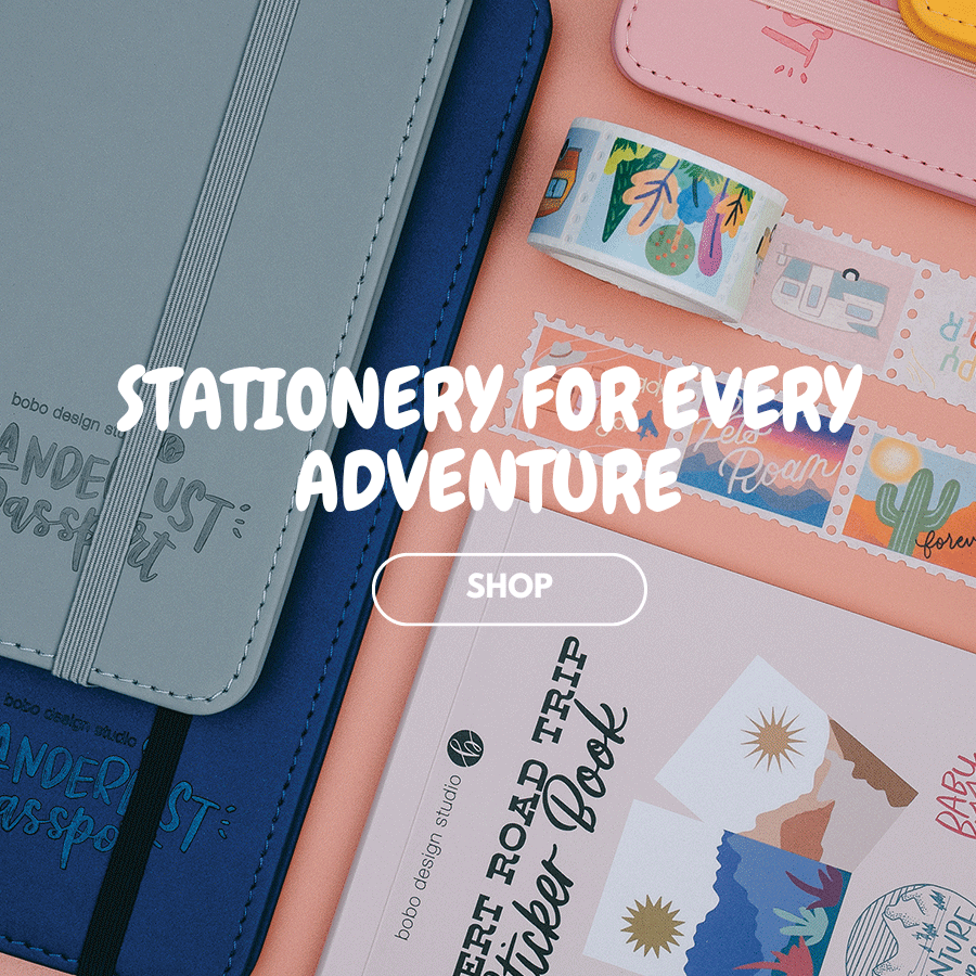 bobo design studio products including washi tape, sticker books, and the Wanderlust Passport Travel Journal