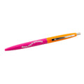 A bright pink and orange ballpoint pen with a silver click top, labeled 'bobo Palm Springs'.