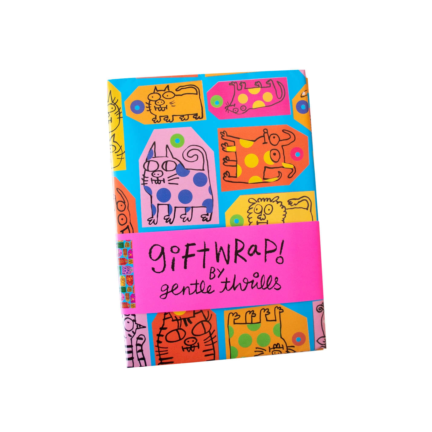 Pack of colorful gift wrap with cartoon designs on a white background