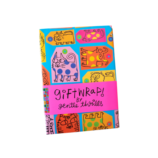 Pack of colorful gift wrap with cartoon designs on a white background