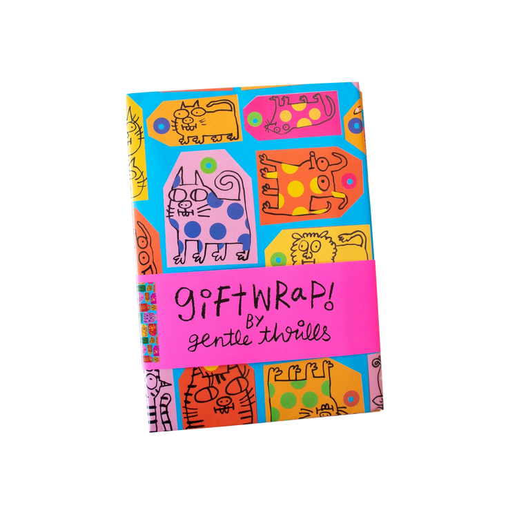 Pack of colorful gift wrap with cartoon designs on a white background