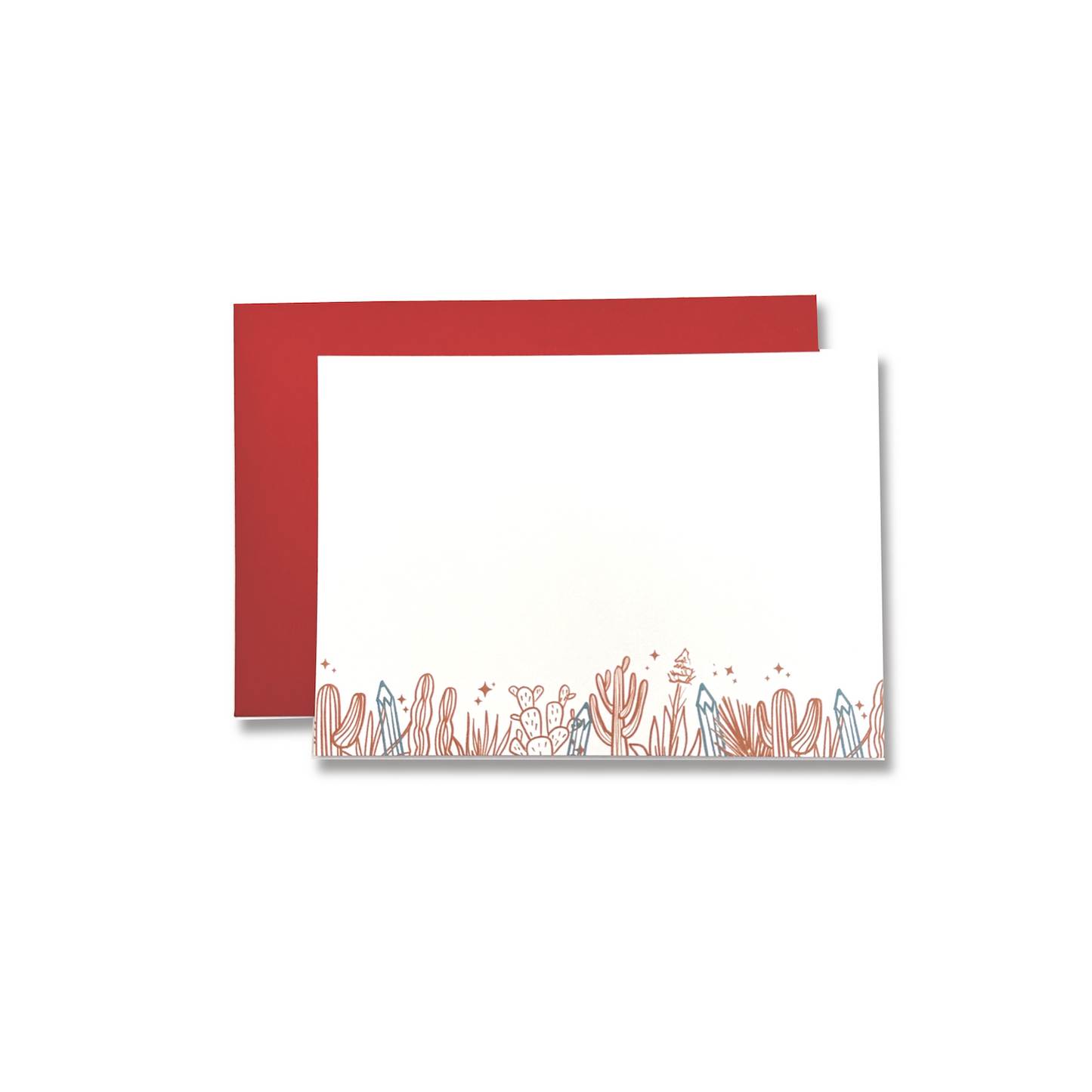 Flat card and rust red envelope centered on a white background. Flat card is 3.5 x 5 inches, landscape orientation, white background with illustrations on the lower fifth of the card. The illustration is a line drawing of cactus and agave in rust red ink and four pencils pointy side up in blue ink hiding amongst the plants.
