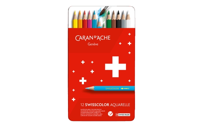 Set of 12 Swisscolor Watercolor Pencils in Metal Box- Caran d'Ache