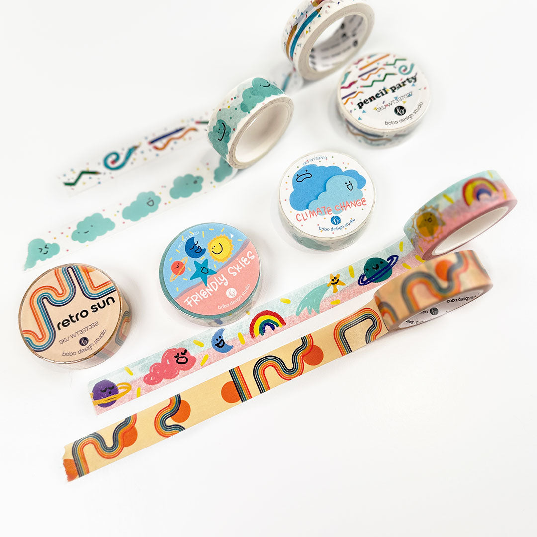 four bobo washi tapes for the bundle with the designs rolled out 