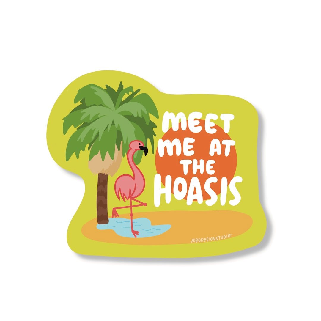 meet me at the hoasis sticker with a palm tree, flamingo, and a small puddle of water