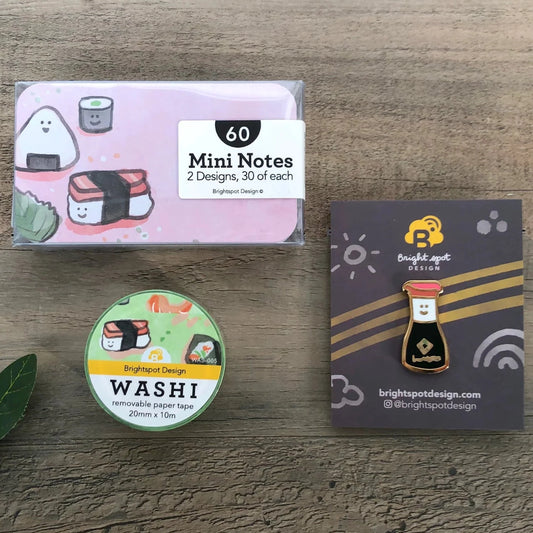 Sushi Stationery Note Cards, Washi, and Enamel Pin Gift Set