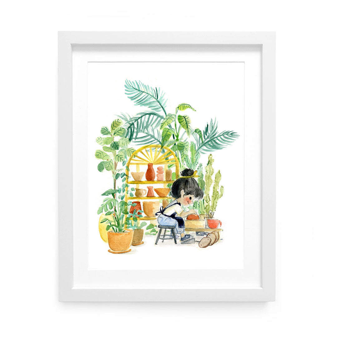 watercolor print of a girl making pottery in a greenhouse plant room surrounded by plants