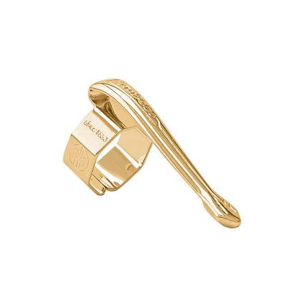 Gold pen clip with a textured design on a white background