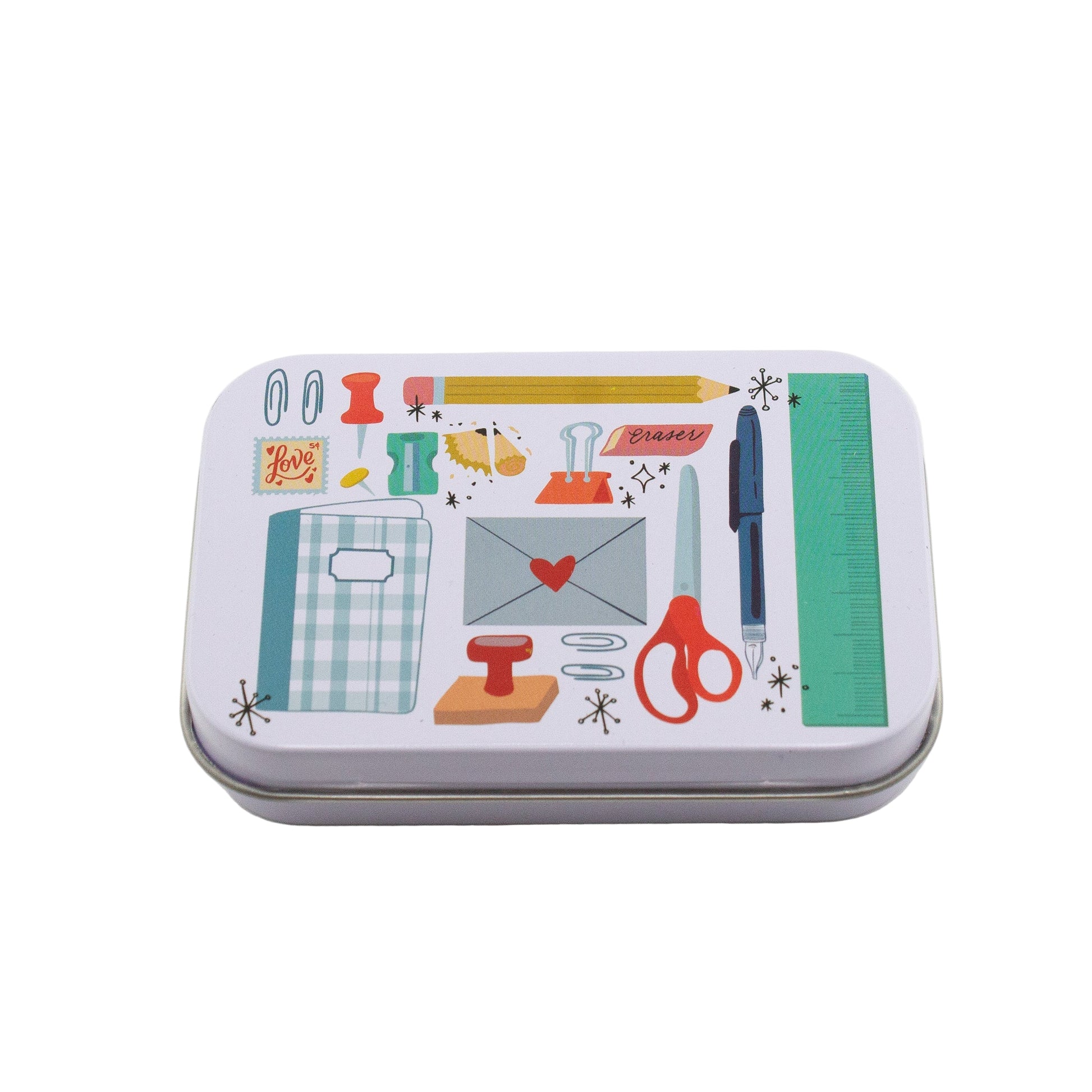 Small tin box with stationery-themed illustrations on a white background