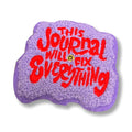 Purple and red decorative patch with text on a white background