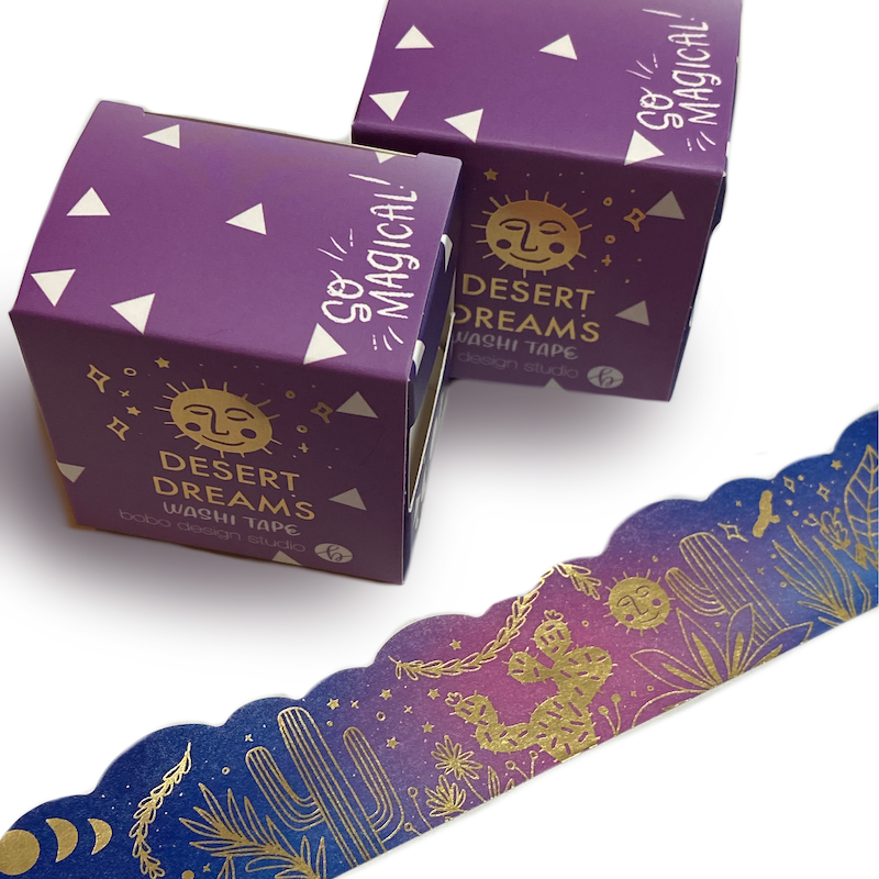 the bobo desert dreams washi tape comes in a gorgeous gold foil box perfect for your desk