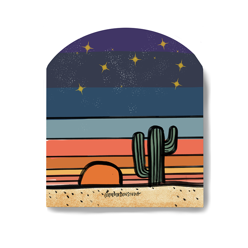 bobo design studio sticker of cactus at sunset titled Desert Globe