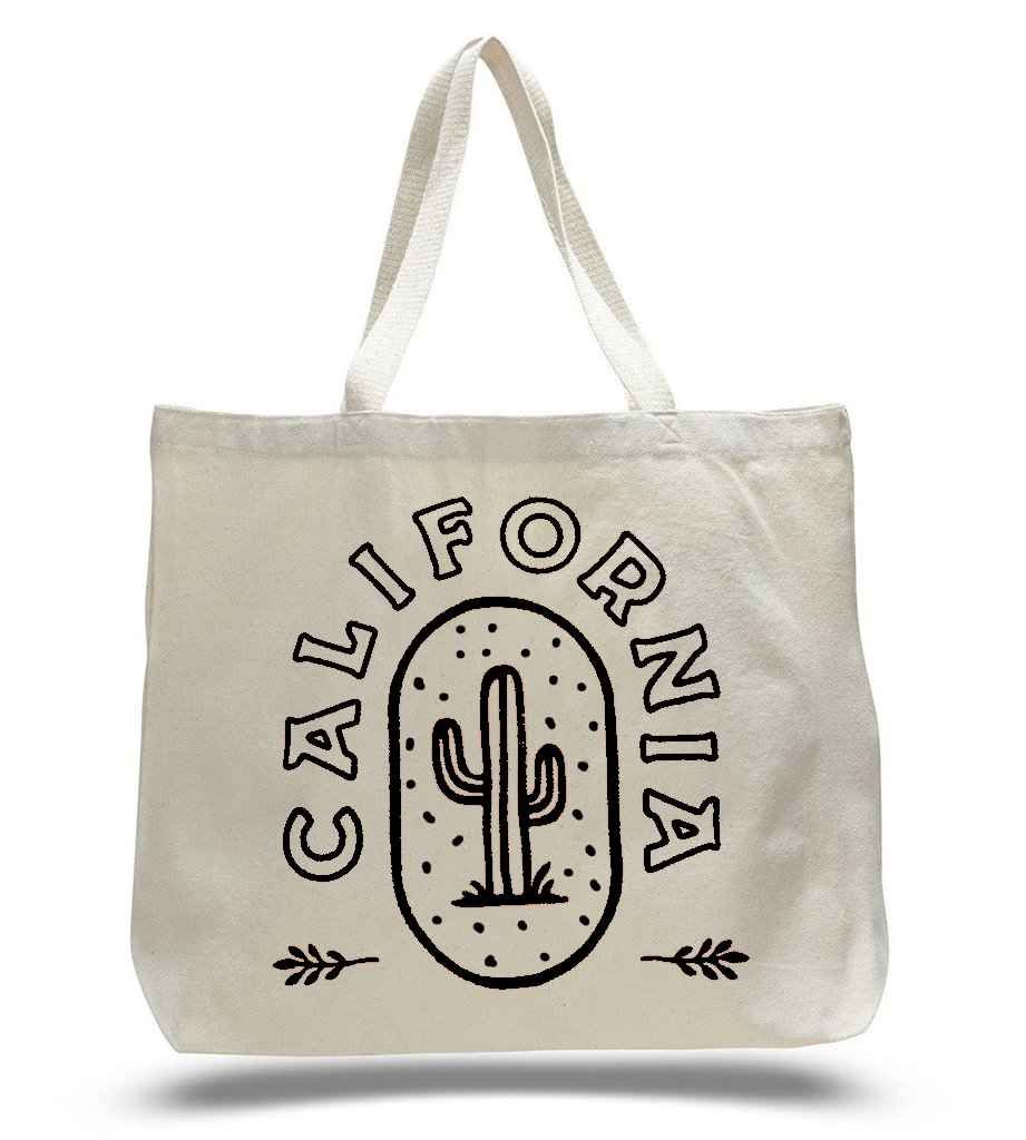 Large natural canvas colored tote bag.  Image in black on the front of the word California surrounding a drawing of a saguaro cactus in an oval frame, with two small leaves on either side.