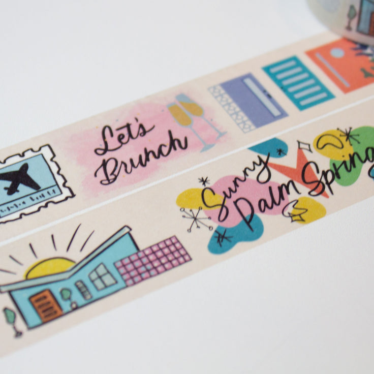 two palm springs washi tapes rolled out with various palm springs designs 