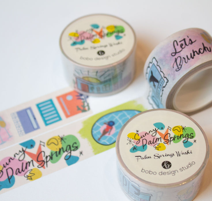 three sunny palm springs one inch wide washi tape rolled out with various palm springs inspired designs 