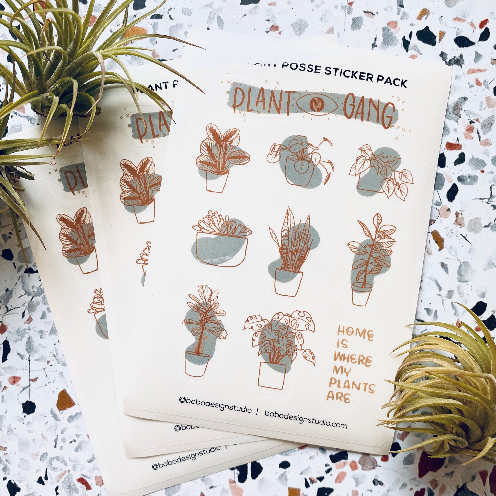 4x6 clear sticker sheet featuring 10 different plant themed stickers- Plant Gang