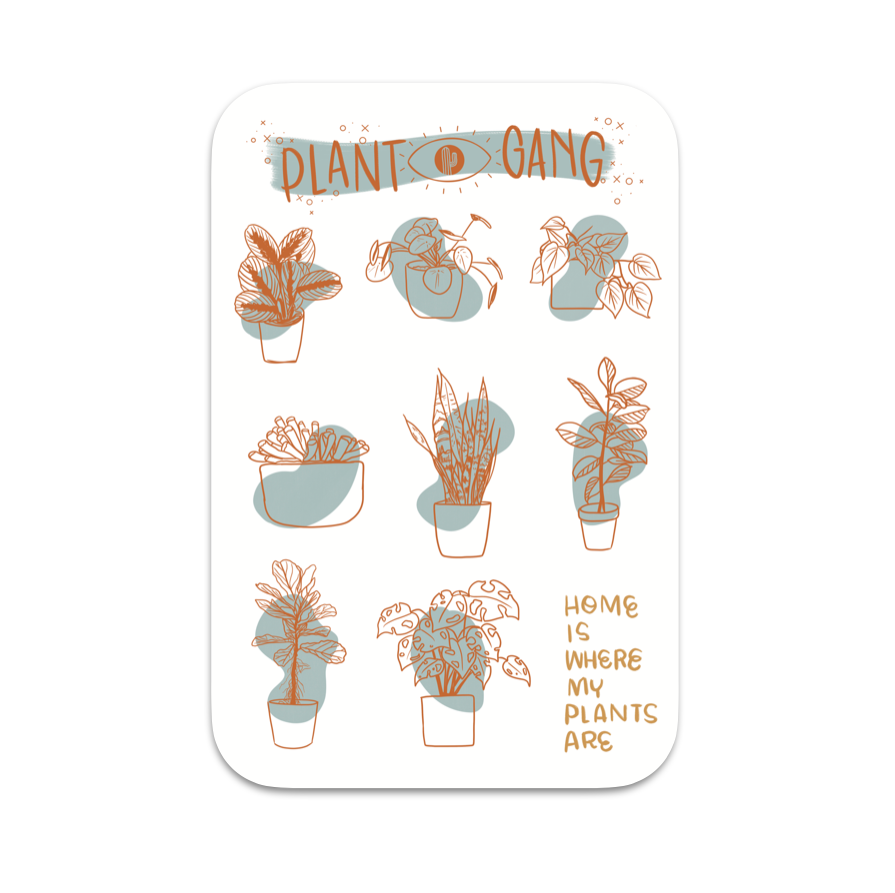 4x6 clear sticker sheet featuring 10 different plant themed stickers- Plant Gang