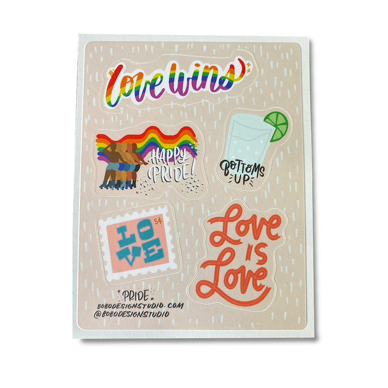 pride sticker sheet with five pride themed stickers