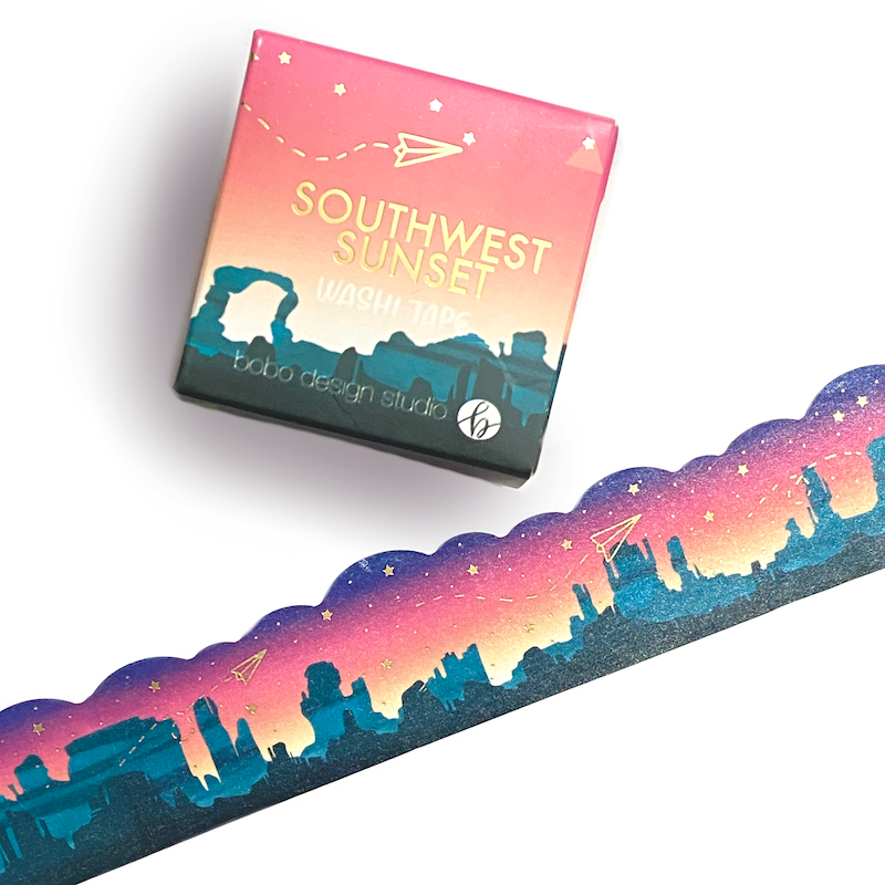 Southwest Sunset Washi tape featuring gold foil stars on a desert backdrop
