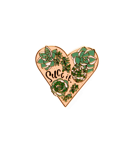bobo design studio heart shaped "succ it" succulent garden enamel pin on white background