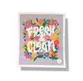 Portrait orientation sponge cloth (6.5x8 inches) with wrinkled spongy texture. Printed image: Lavender background with “Fresh & Clean” in white lettering surrounded by flowers and leaves. Flowers are red, yellow, purple, and blue. Small bobo logo with cursive lowercase letter b in the bottom right corner.