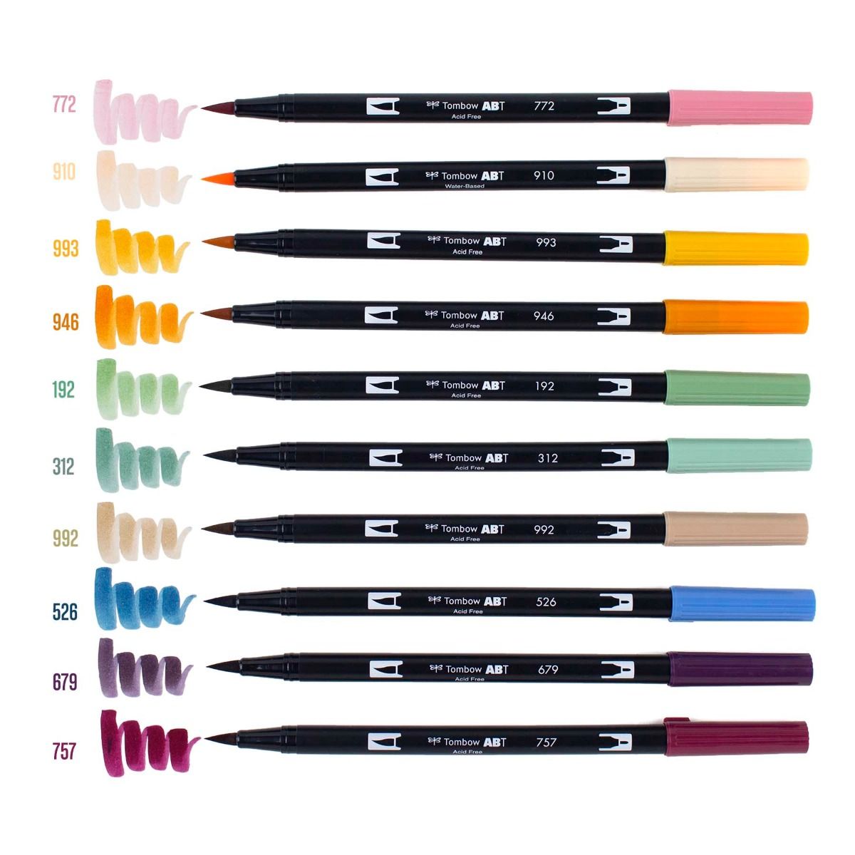 Swatches of the. Tombow Dual Brush Pens Set in Cottage for the bobo design studio Wanderlust Passport