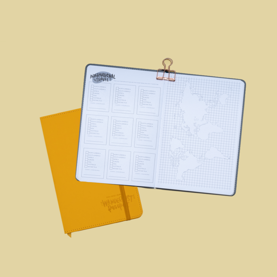 Wanderlust Passport Travel Journal has an International Travel Tracker spread