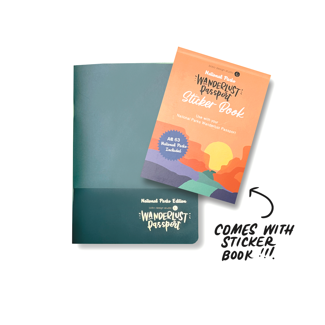 The green two tone A5 Wanderlust Passport National Parks Edition and the National Parks Wanderlust Passport Sticker Book with an orange desert sunset cover. An arrow pointing at the sticker book is captioned "Comes with Sticker Book!!!"
