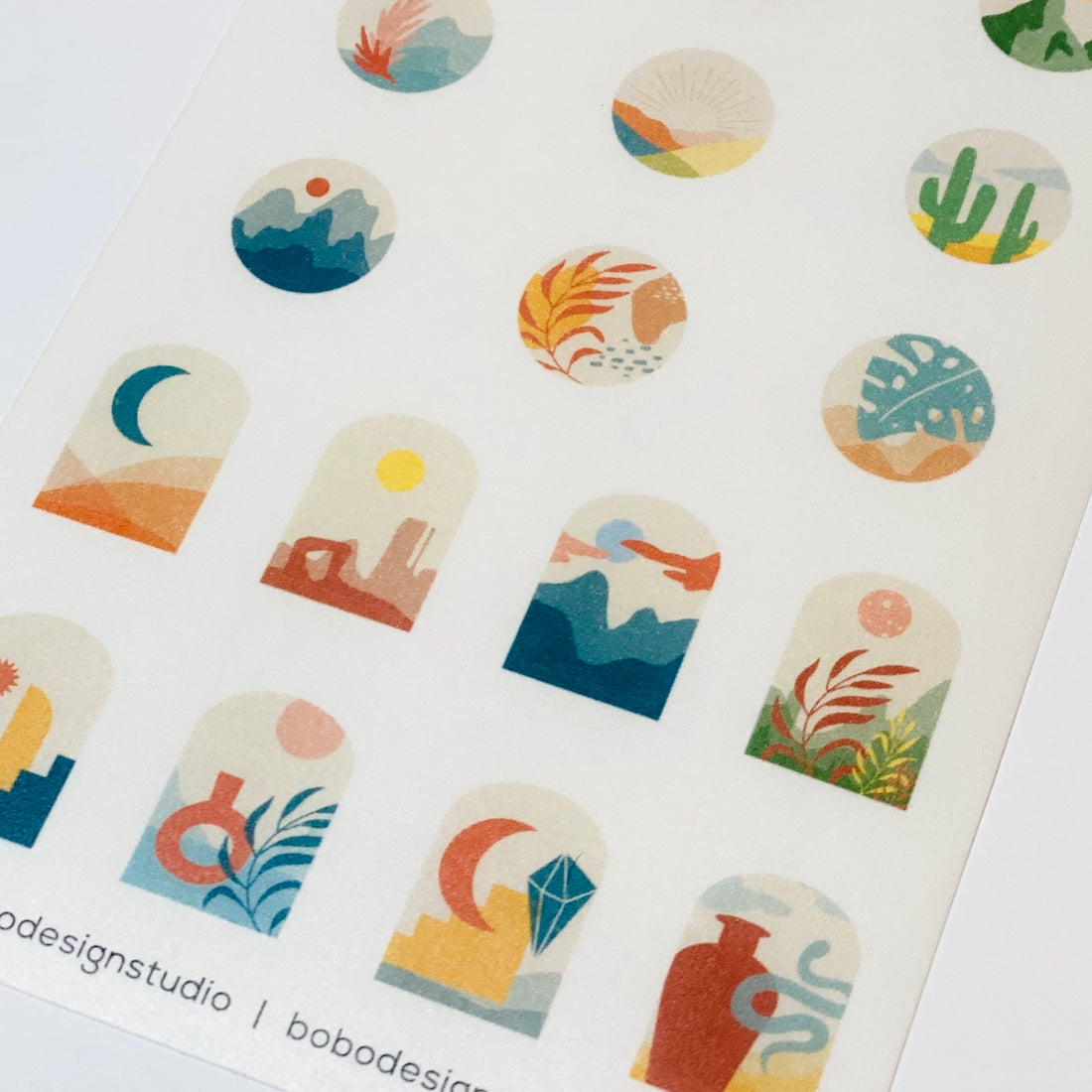 zoomed in image of Warm Desert themed washi sticker sheets for your journal or planner