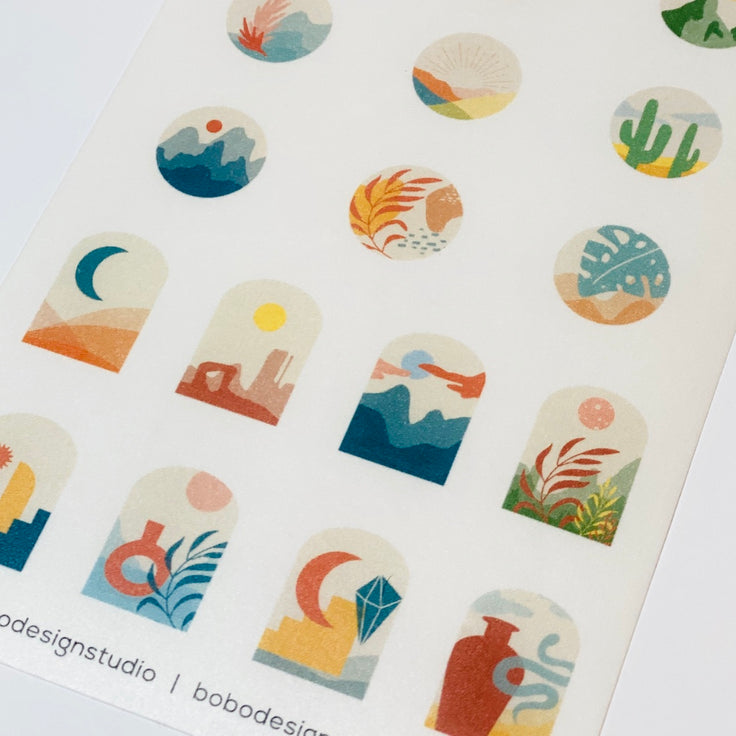 zoomed in image of Warm Desert themed washi sticker sheets for your journal or planner