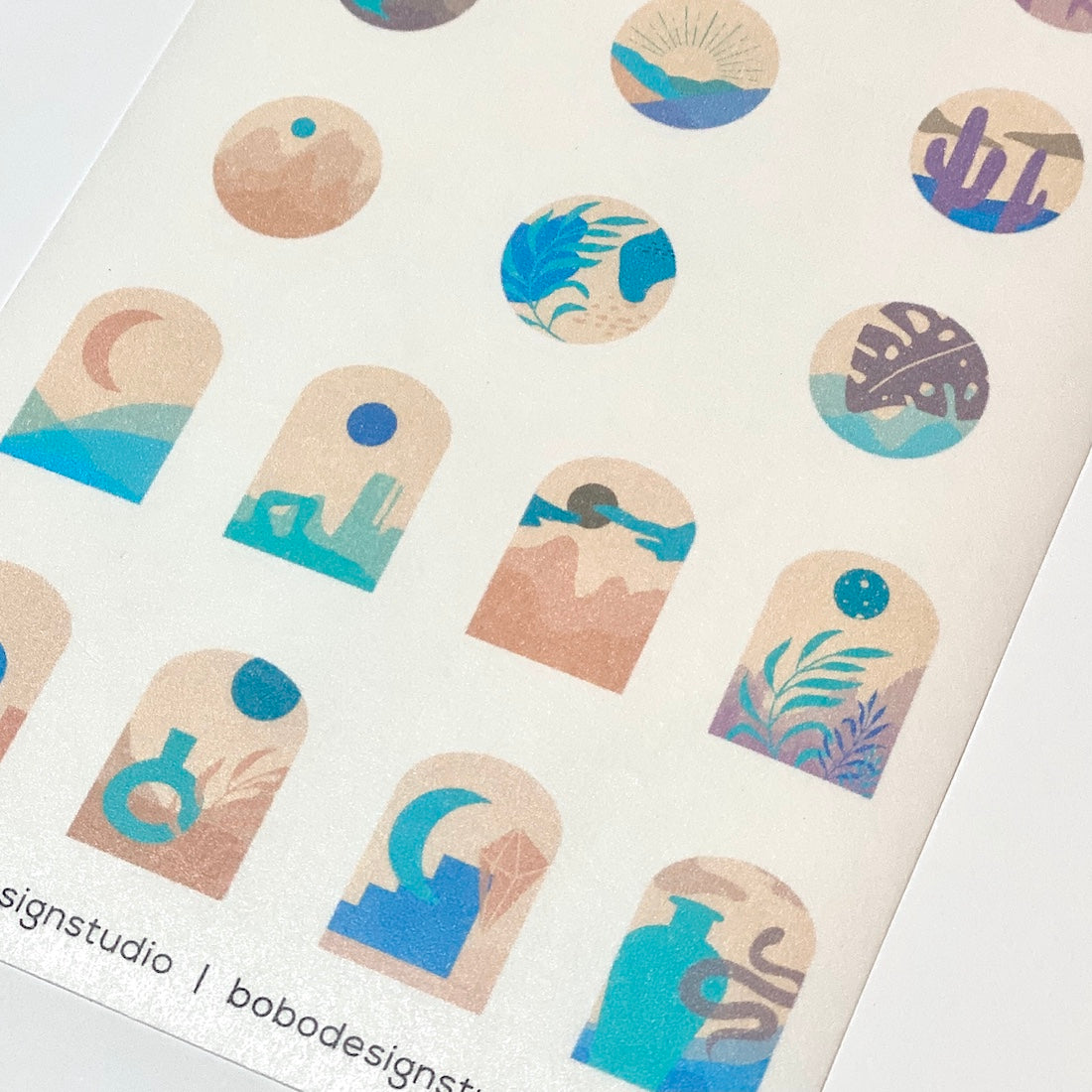 Washi Sticker Sheet in Desert Cool features fun desert scenes perfect for your journal or Wanderlust Passport