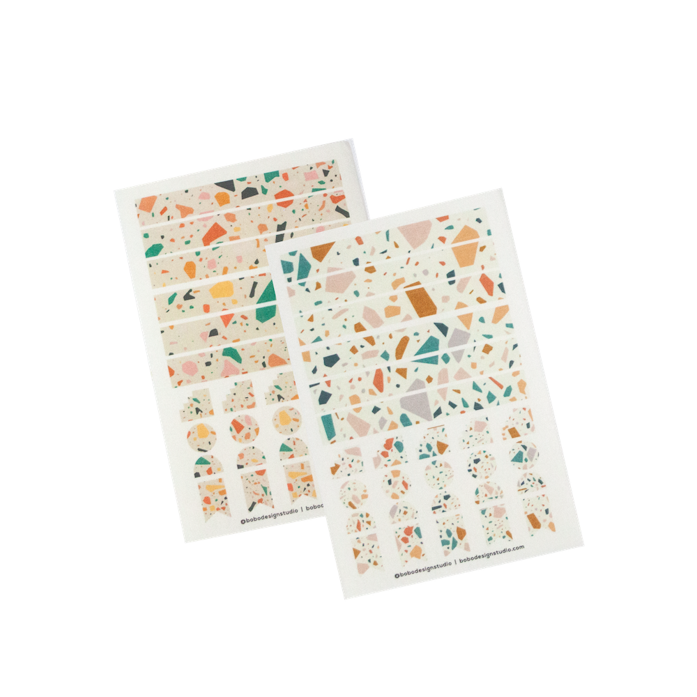 Washi Sticker Sheet in Terrazzo comes with two sheets of Washi Stickers 