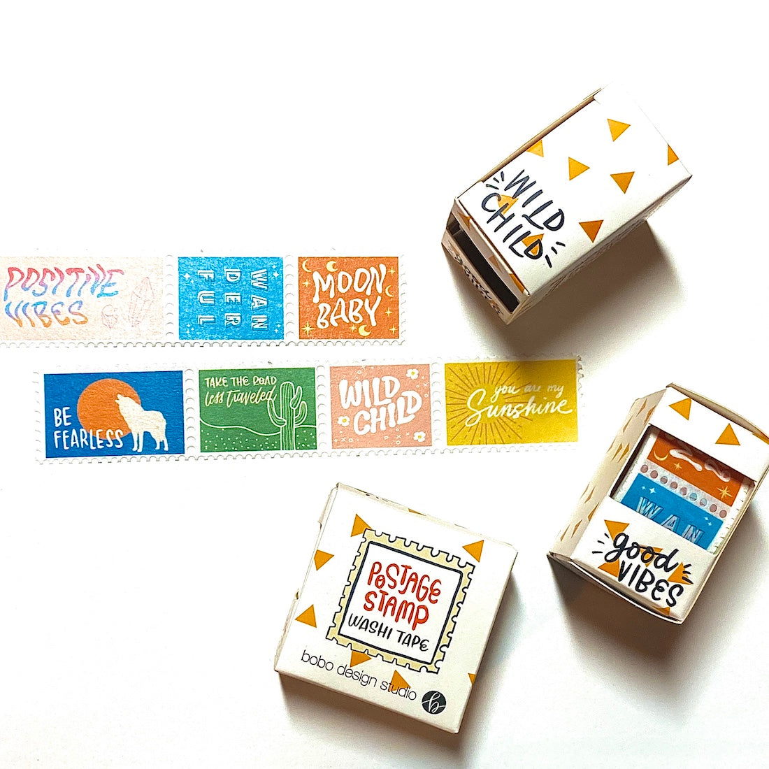 Wild Child Postage Washi Tape with 7 groovy designs on each stamp