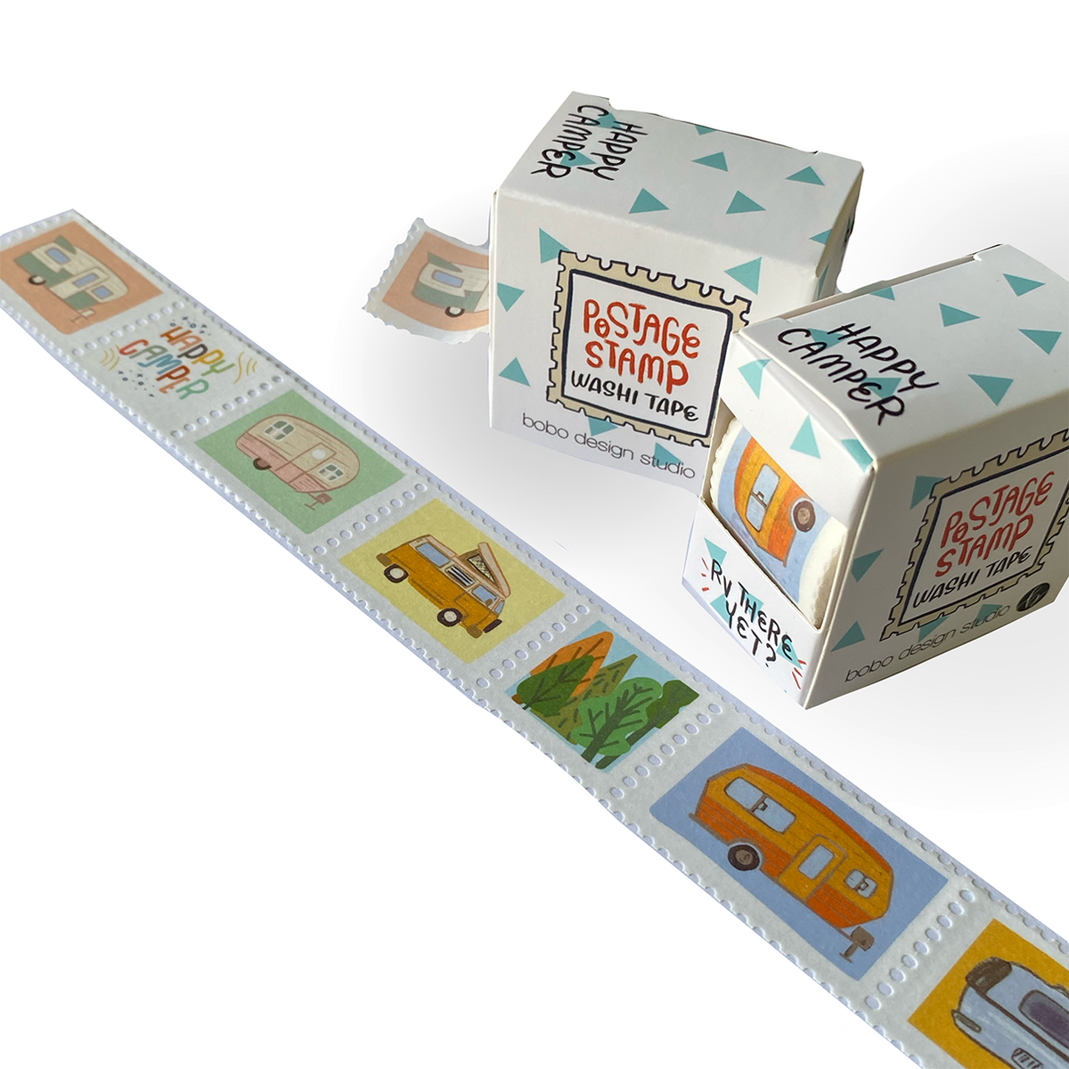 Happy Camper Postage Stamp Washi Tape by bobo design studio has little perforated stamps featuring different campers and RVs. Perfect for the RV traveler in your life.