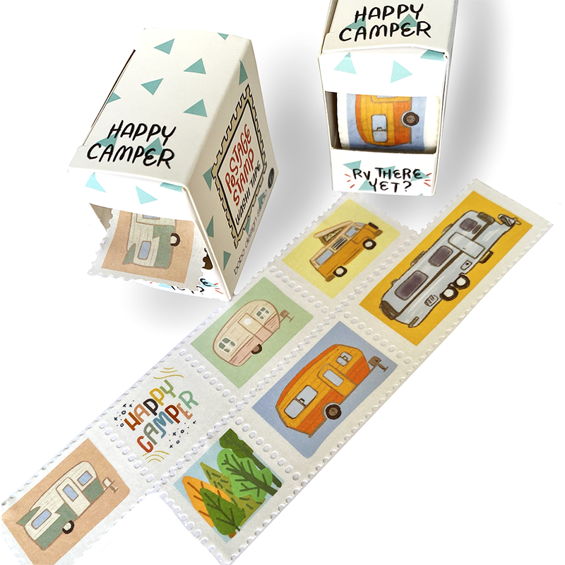 Happy Camper Postage Stamp Washi Tape by bobo design studio has little perforated stamps featuring different campers and RVs. 