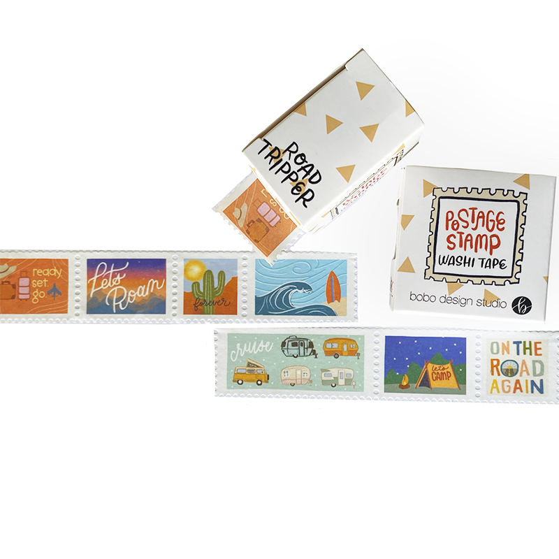 Road Tripper Postage Stamp Washi Tape Bundle featuring all the bobo design studio washi tapes in the postage stamp style with a bundle discount