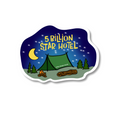 five billion star hotel sticker shows a camp site with a tent, campfire, trees, and a night sky with stars and a moon 