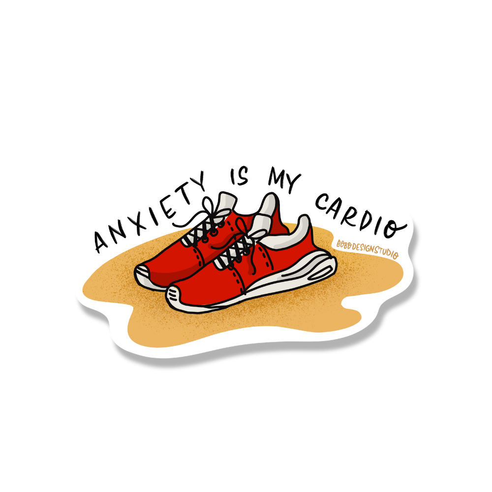 Anxiety is my cardio vinyl sticker featuring two very unused red sports shoes