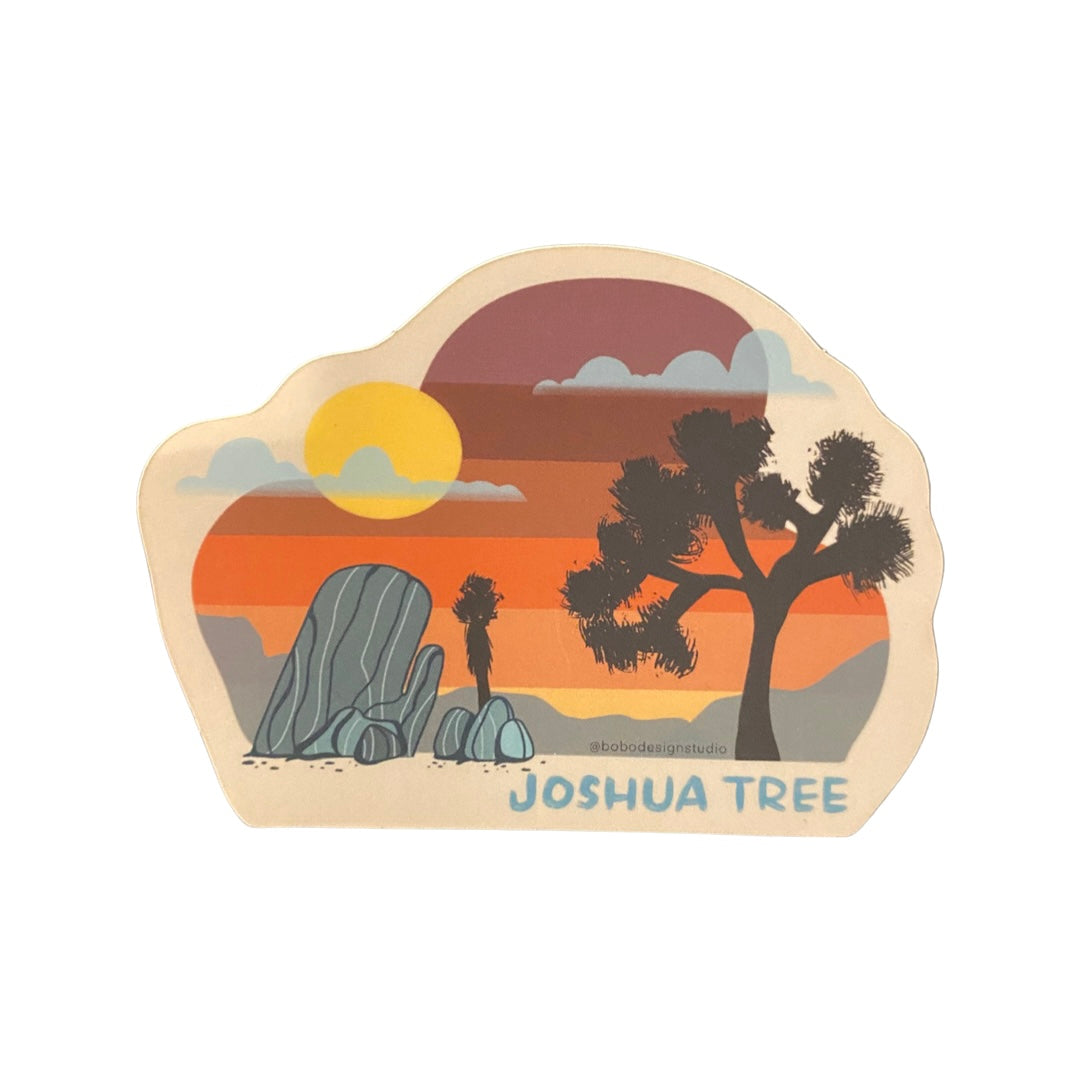 joshua tree sticker with a joshua tree, sunset, and rocks 