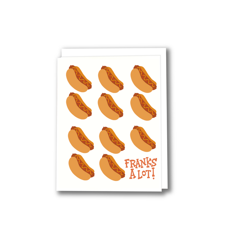 franks a lot greeting card with little hot dogs 